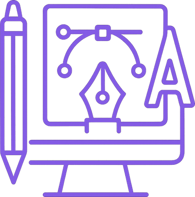 Desktop with a pen, vector tool and text icons